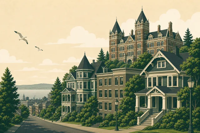 Illustration of Tacoma's Stadium District — the castle-like towers of Stadium High School rising over Victorian homes and brick apartments above Commencement Bay