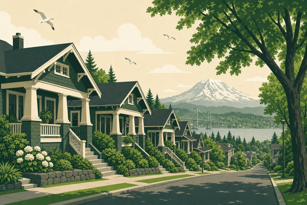 Illustration of Tacoma's North End — Craftsman bungalow blocks stepping down toward Commencement Bay with Mount Rainier and the Narrows Bridge beyond
