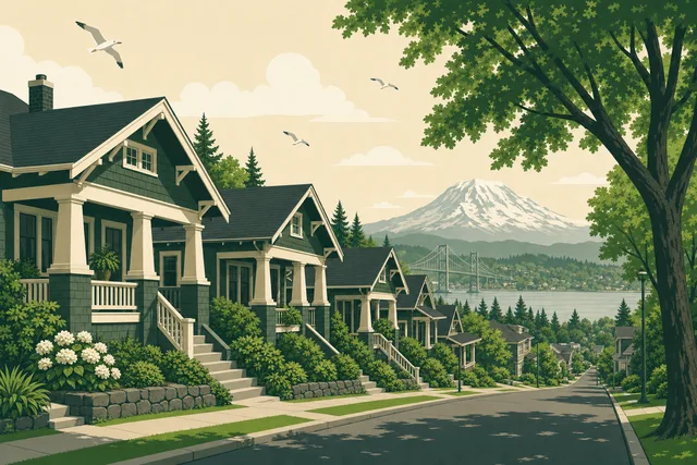 Illustration of Tacoma's North End — Craftsman bungalow blocks stepping down toward Commencement Bay with Mount Rainier and the Narrows Bridge beyond
