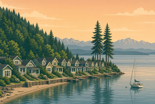 Illustration of Three Tree Point, Burien — a lane of beach cabins behind low bulkheads on the point, three tall firs standing as the landmark, the Olympics beyond