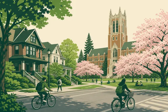 Illustration of the University District, Seattle — a collegiate brick tower over cherry blossoms with converted student houses on a leafy street
