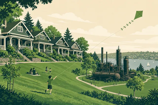 Illustration of Wallingford, Seattle — Craftsman bungalow blocks above Gas Works Park with kite flyers and Lake Union beyond