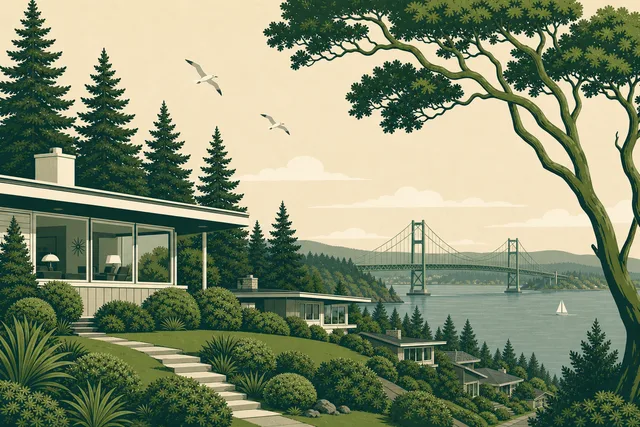 Illustration of Tacoma's West End — mid-century view homes on terraced lots above the Tacoma Narrows Bridge and the water