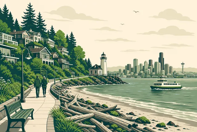 Illustration of West Seattle — the Alki beach promenade and lighthouse with hillside homes and the downtown skyline across Elliott Bay